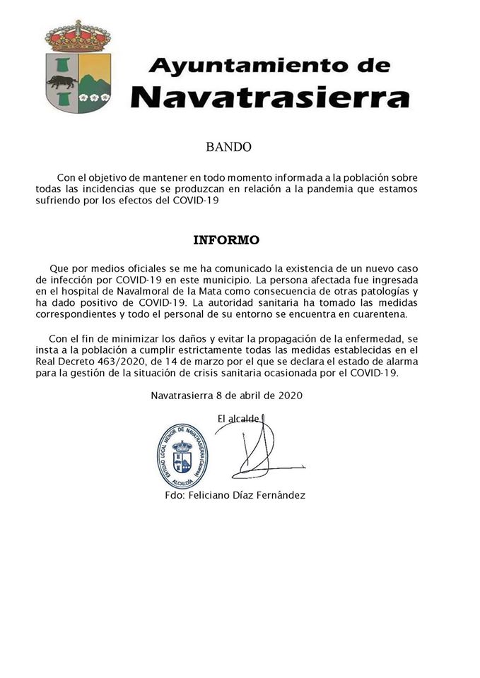 Segundo positivo por coronavirus en Navatrasierra (Cáceres) 2020