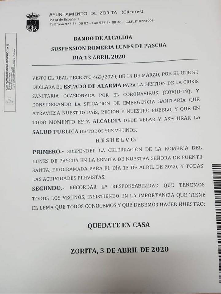 Su suspende la romería del Lunes de Pascua 2020 de Zorita (Cáceres)