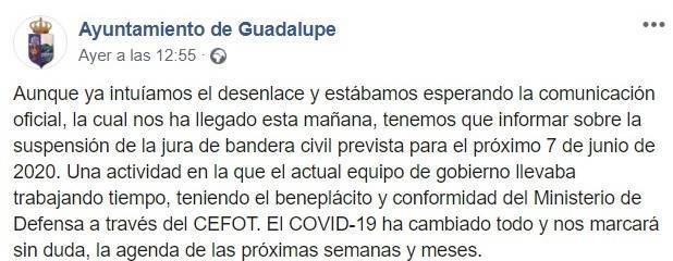 Suspendida la Jura de Bandera civil 2020 - Guadalupe (Cáceres)