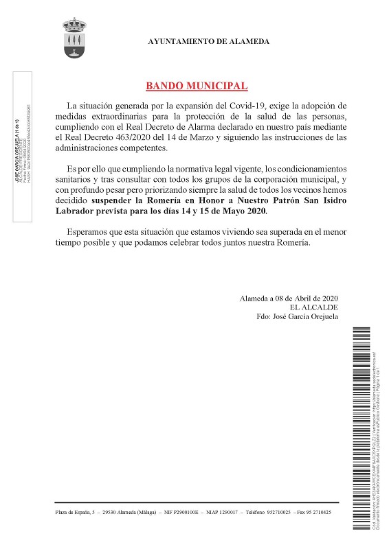 Suspendida la romería de San Isidro 2020 - Alameda (Málaga)