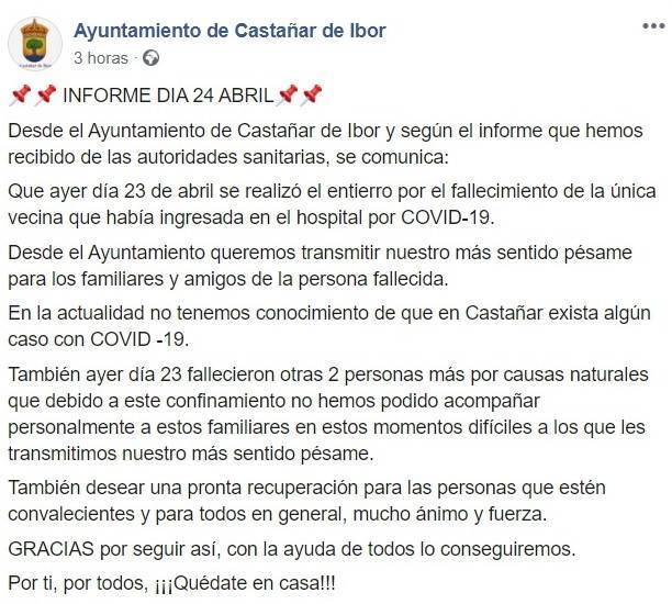 Tercer fallecido por coronavirus 2020 - Castañar de Ibor (Cáceres)