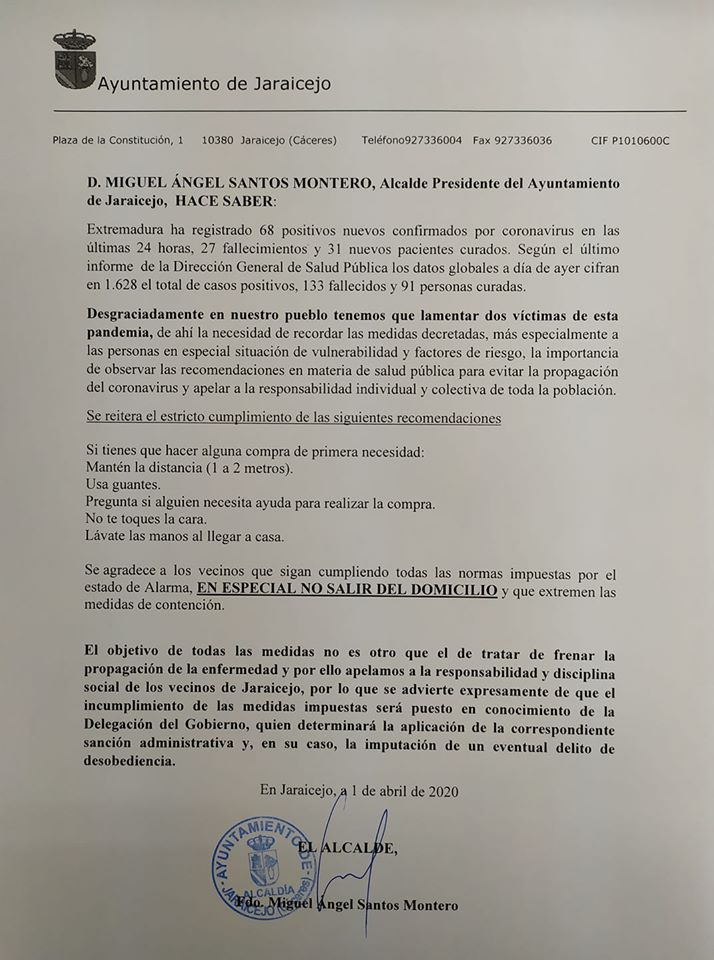 Tercer positivo y dos fallecidos por coronavirus en Jaraicejo (Cáceres) 2020 1
