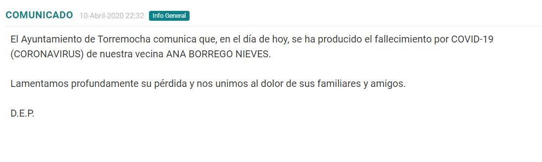 Tercer positivo y fallecido por coronavirus en Torremocha (Cáceres) 2020 2