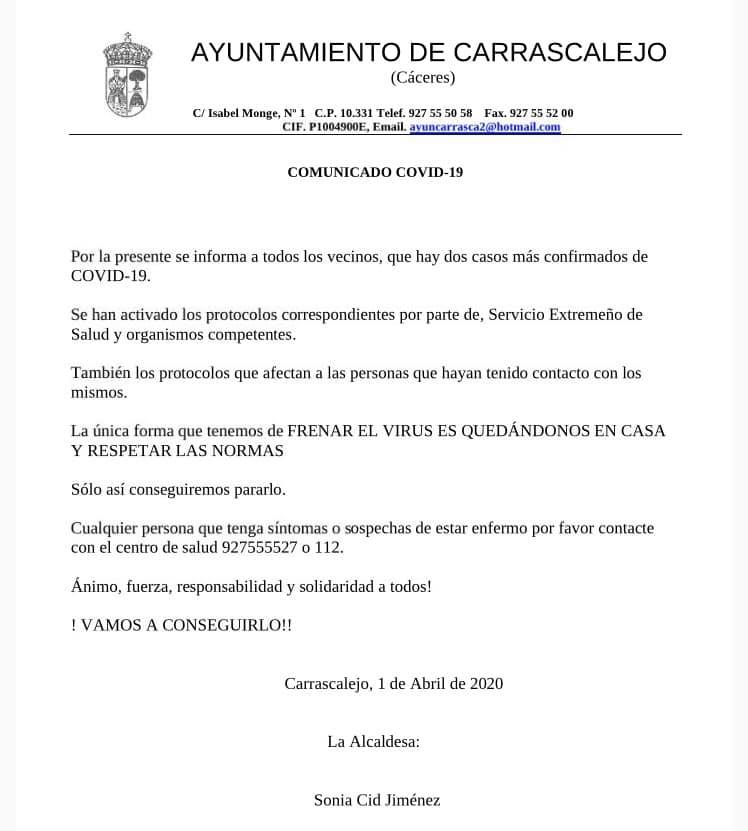 Tercer y cuarto positivo por coronavirus en Carrascalejo (Cáceres) 2020