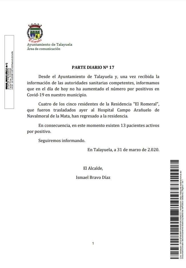 Trece positivos por coronavirus en Talayuela (Cáceres) 2020