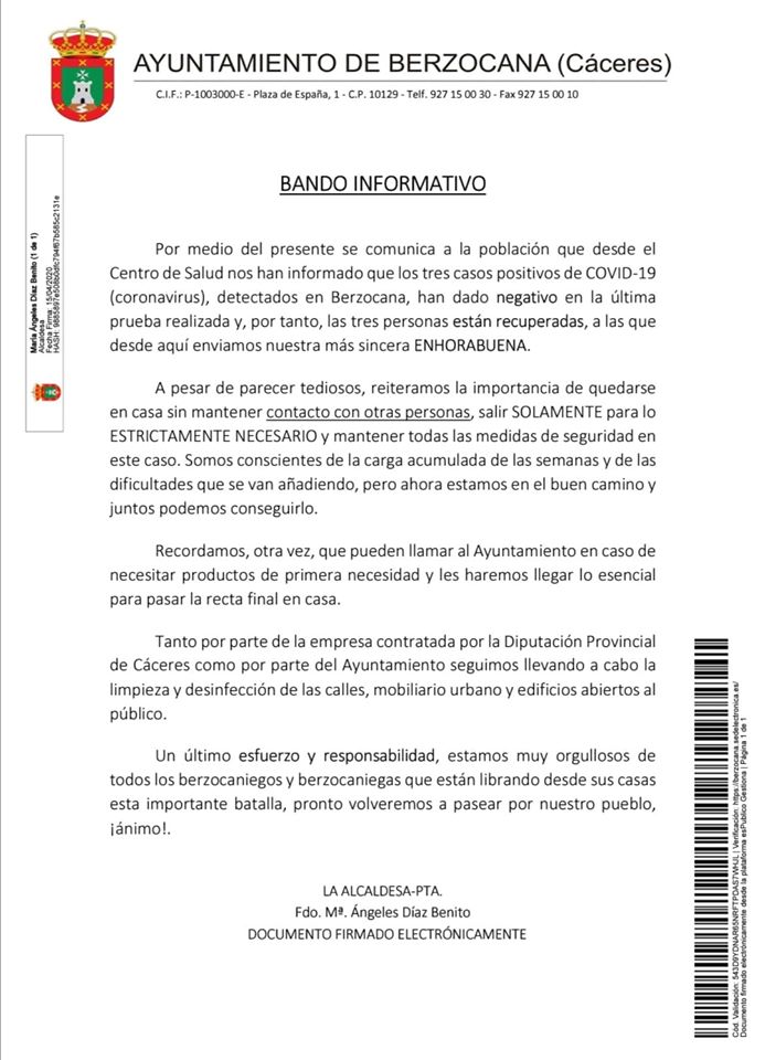 Tres recuperados por coronavirus en Berzocana (Cáceres) 2020