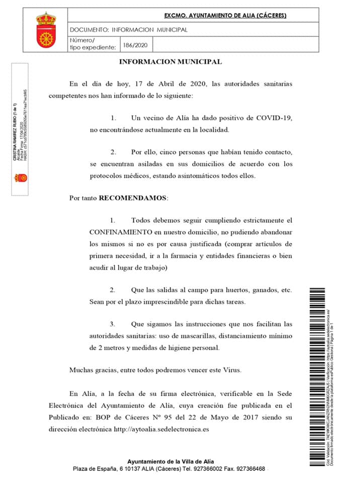 Una persona da positivo por coronavirus y ha estado en contacto con cinco vecinos de Alía (Cáceres) 2020