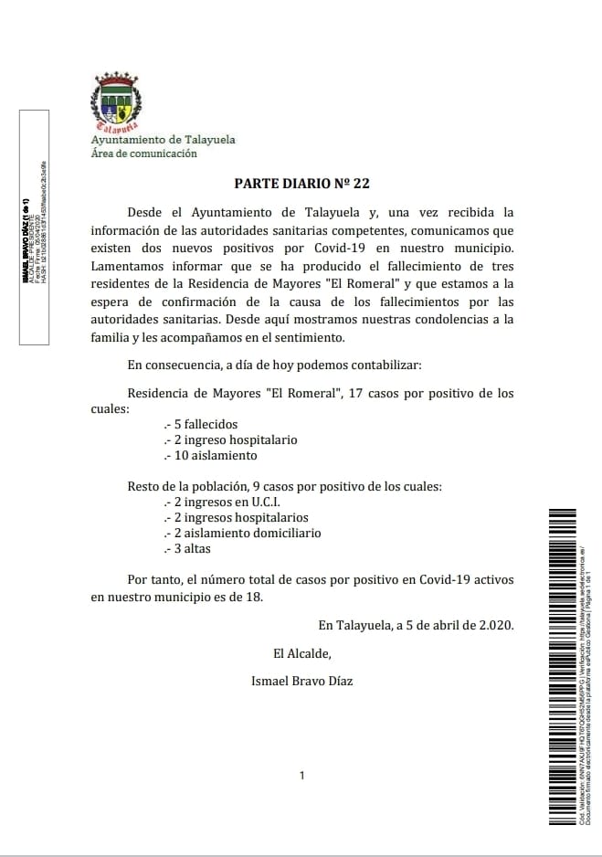 Veintiséis positivos y cinco fallecidos por coronavirus en Talayuela (Cáceres) 2020