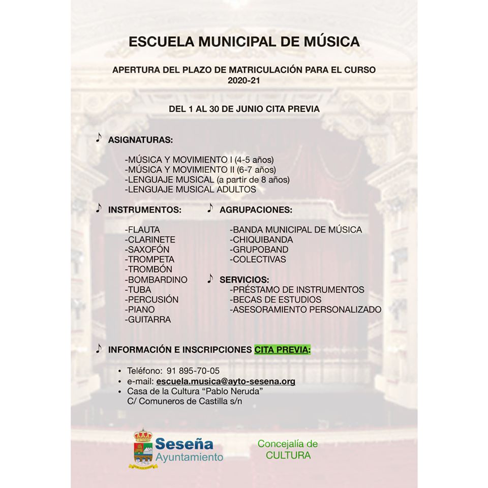 Apertura plazo de matriculación escuela de música 2020-2021 - Seseña (Toledo)