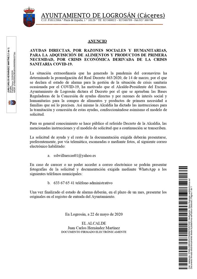 Ayudas de productos de primera necesidad por el COVID-19 2020 - Logrosán (Cáceres)