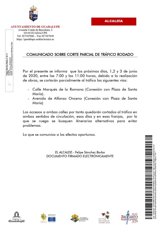 Corte parcial de tráfico rodado junio 2020 - Guadalupe (Cáceres)