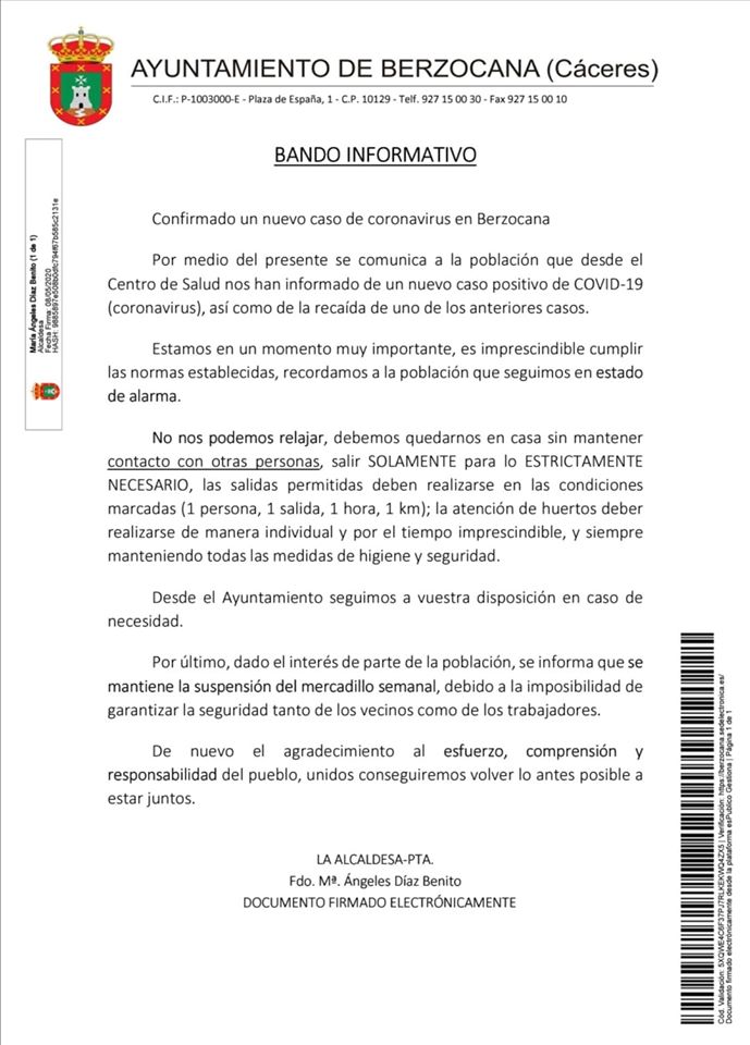Cuarto positivo por coronavirus 2020 - Berzocana (Cáceres)