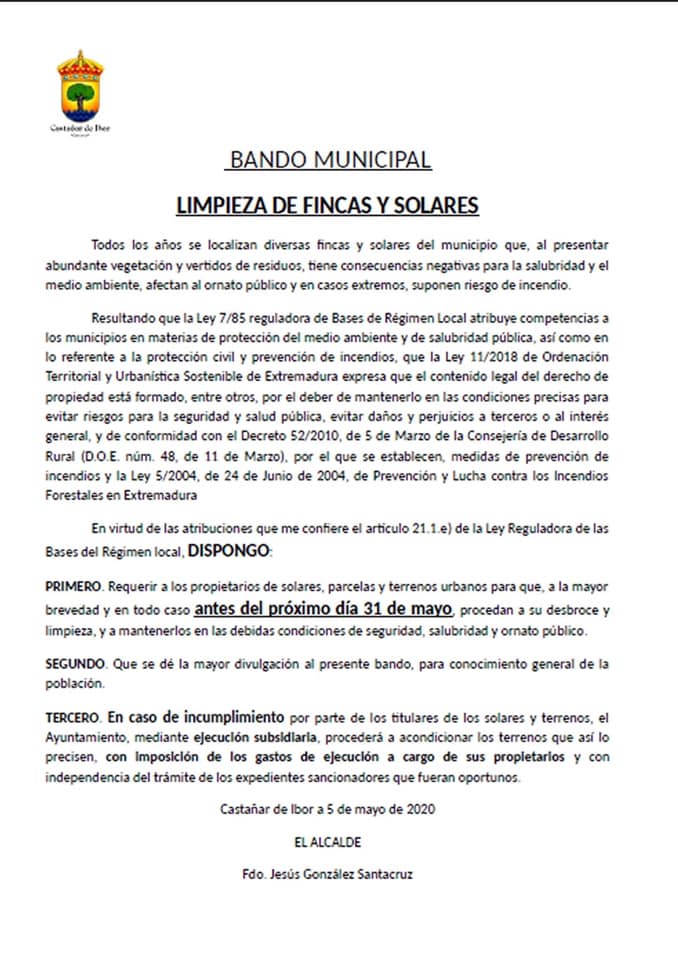 Limpieza de fincas y solares 2020 - Castañar de Ibor (Cáceres)