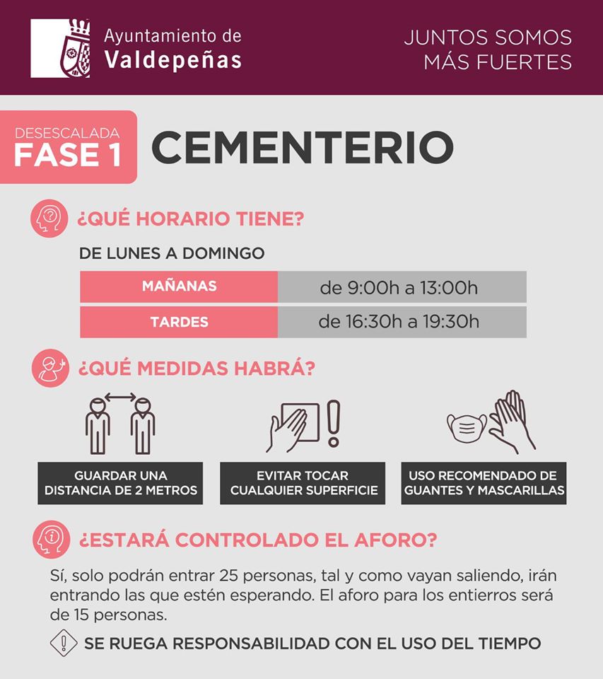Medidas y horarios del cementerio en la desescalada fase 1 2020 - Valdepeñas (Ciudad Real)
