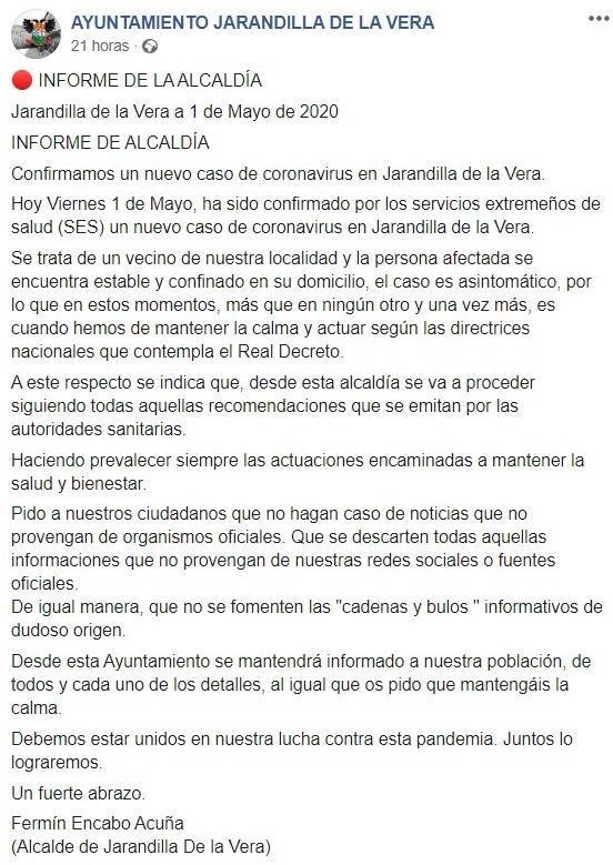 Segundo positivo por coronavirus 2020 - Jarandilla de la Vera (Cáceres)
