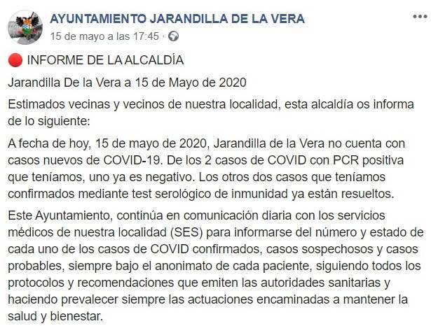 Segundo recuperado por coronavirus 2020 - Jarandilla de la Vera (Cáceres)