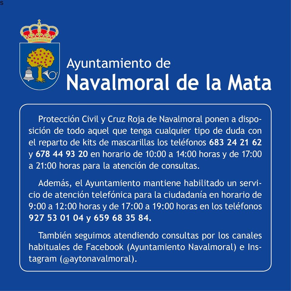 Teléfonos de interés para el reparto de mascarillas 2020 - Navalmoral de la Mata (Cáceres)