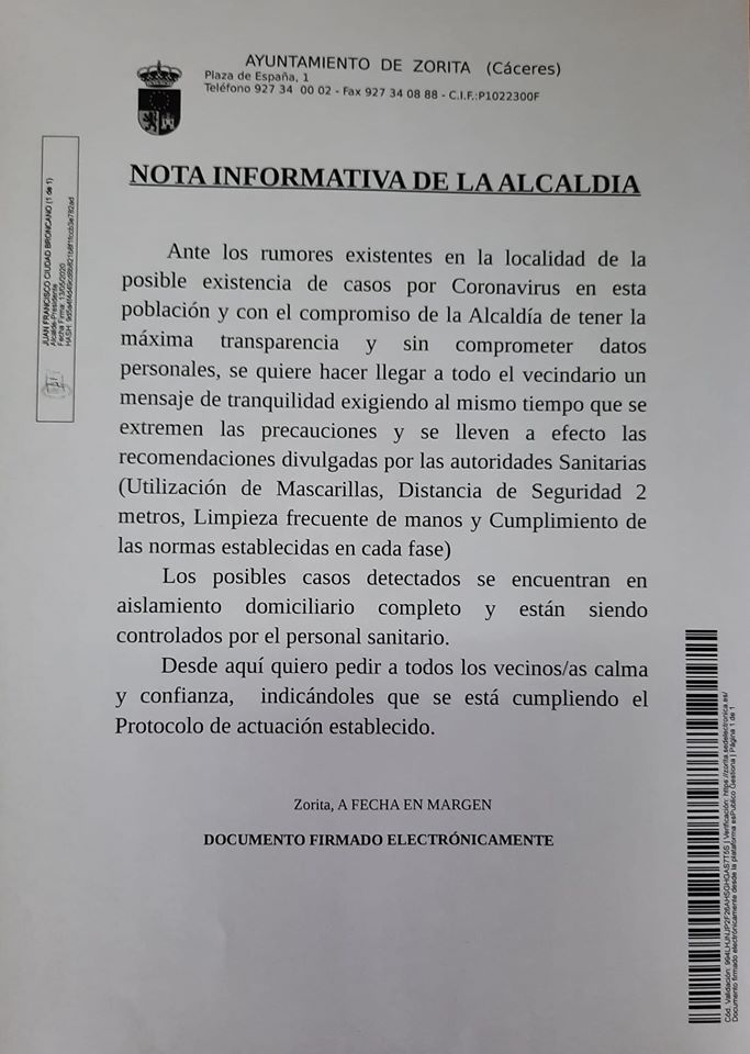 Varios posibles positivos por coronavirus 2020 - Zorita (Cáceres)