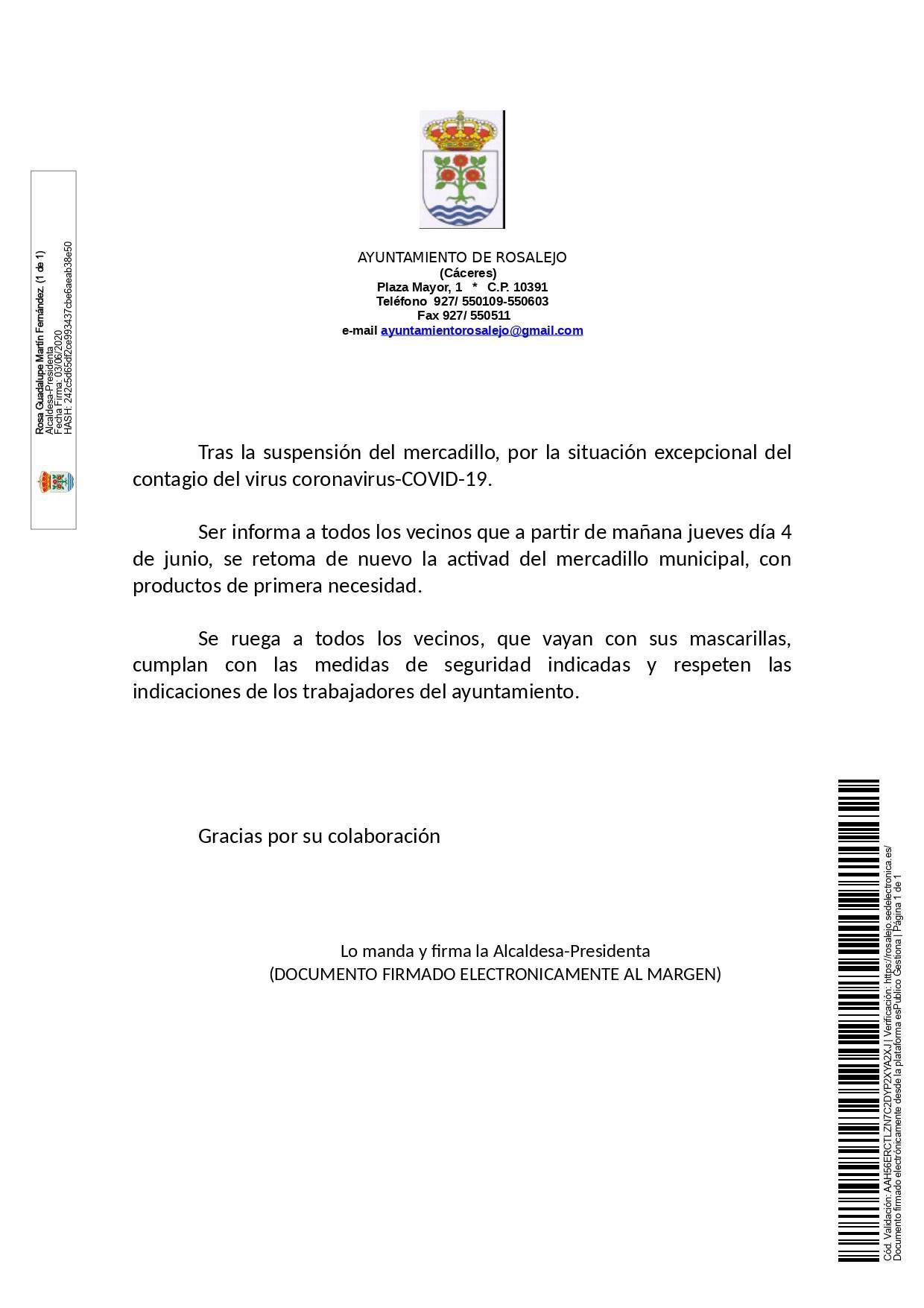 Apertura del mercadillo municipal junio 2020 - Rosalejo (Cáceres)