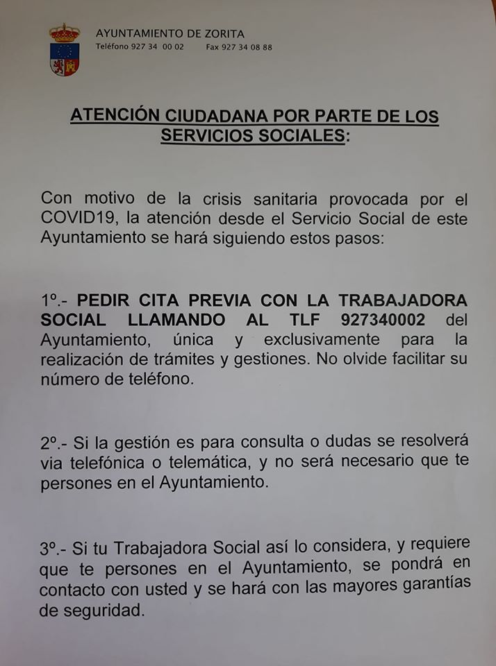 Atención ciudadana por la trabajadora social 2020 - Zorita (Cáceres)