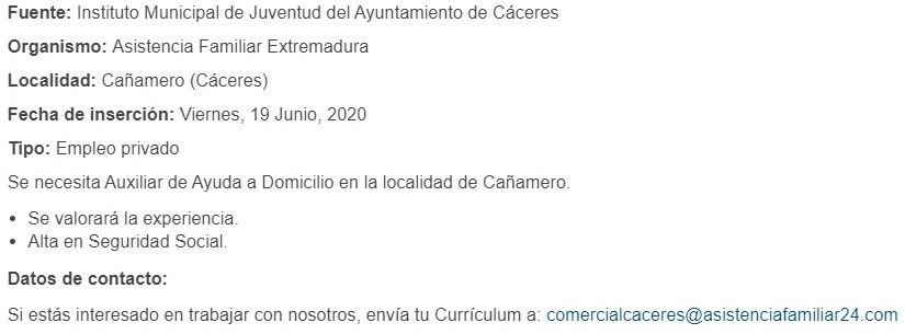 Auxiliar de ayuda a domicilio 2020 - Cañamero (Cáceres)