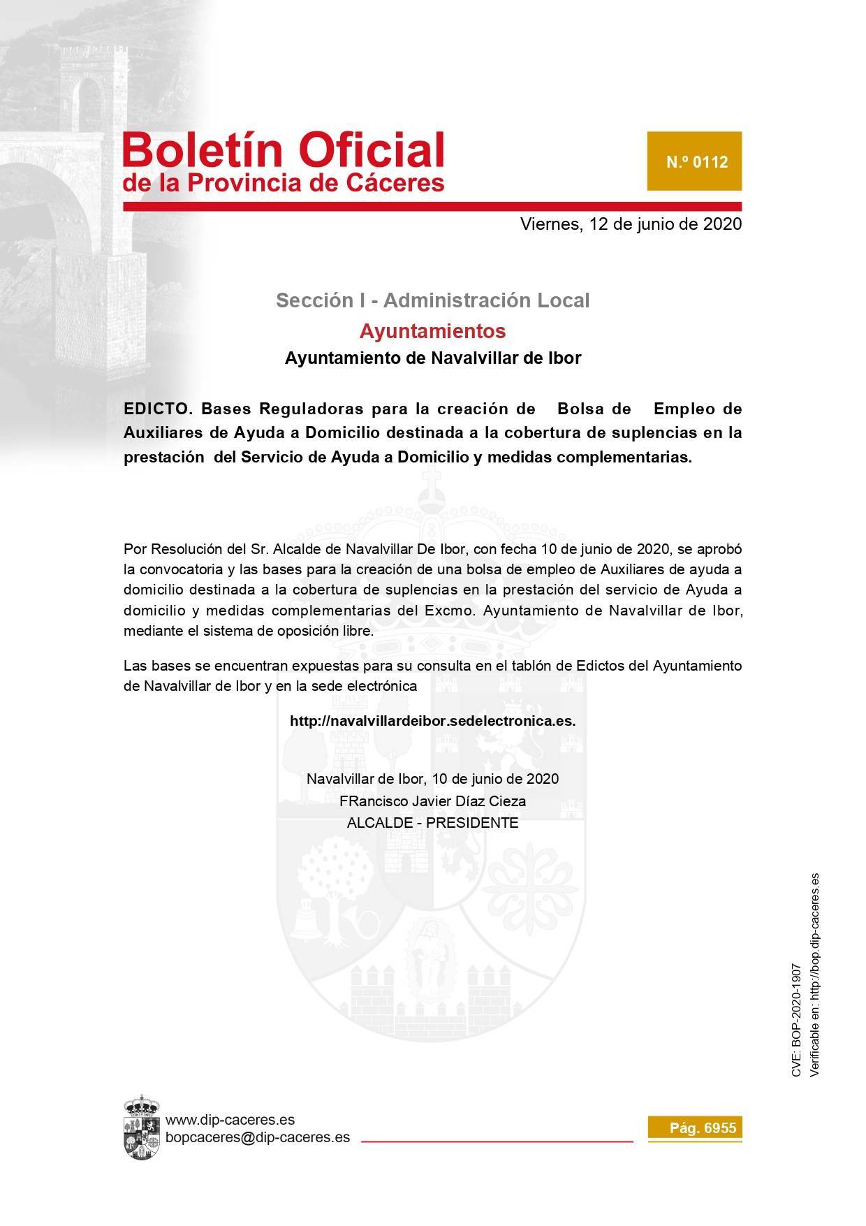 Bolsa de auxiliares de ayuda a domicilio 2020 - Navalvillar de Ibor (Cáceres)