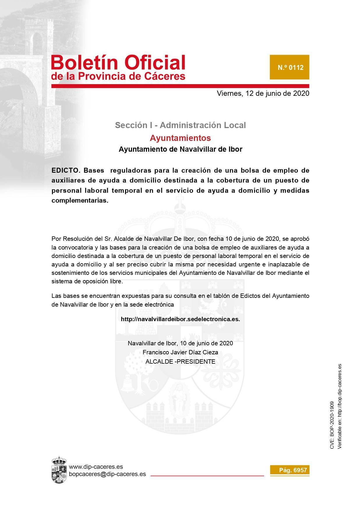 Bolsa de auxiliares de ayuda a domicilio temporal 2020 - Navalvillar de Ibor (Cáceres)