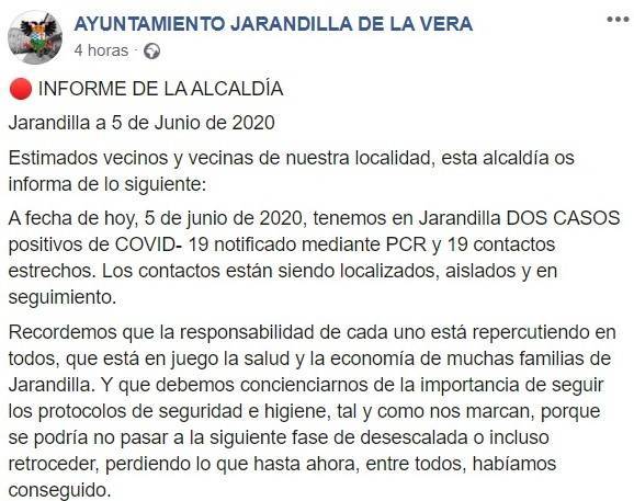 Cuarto positivo por COVID-19 2020 - Jarandilla de la Vera (Cáceres)