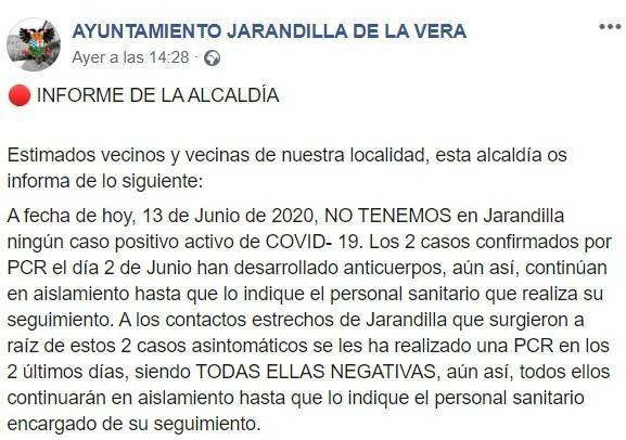 Dos recuperados por COVID-19 junio 2020 - Jarandilla de la Vera (Cáceres)