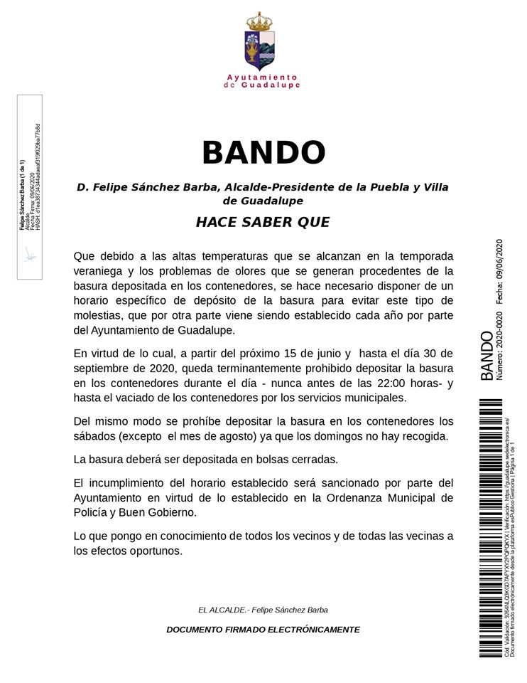 Horarios depósito de basura verano 2020 - Guadalupe (Cáceres)