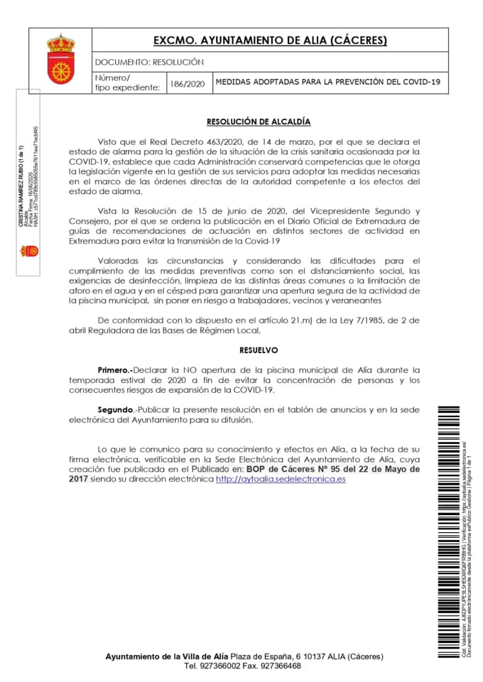 No abrirá la piscina municipal 2020 - Alía (Cáceres)