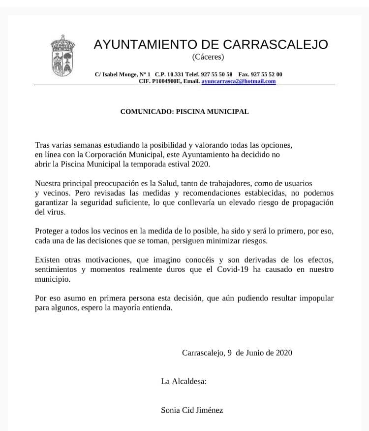 No abrirá la piscina municipal 2020 - Carrascalejo (Cáceres)