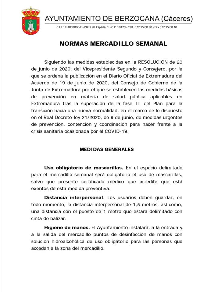 Normas mercadillo semanal 2020 - Berzocana (Cáceres) 1
