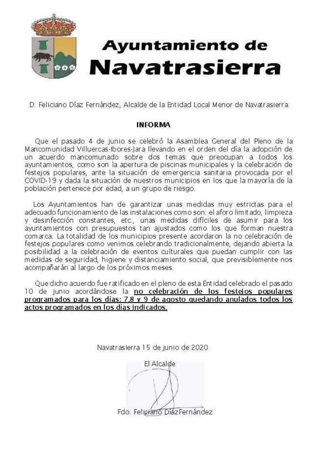 Se suspenden los festejos populares de agosto 2020 - Navatrasierra (Cáceres)