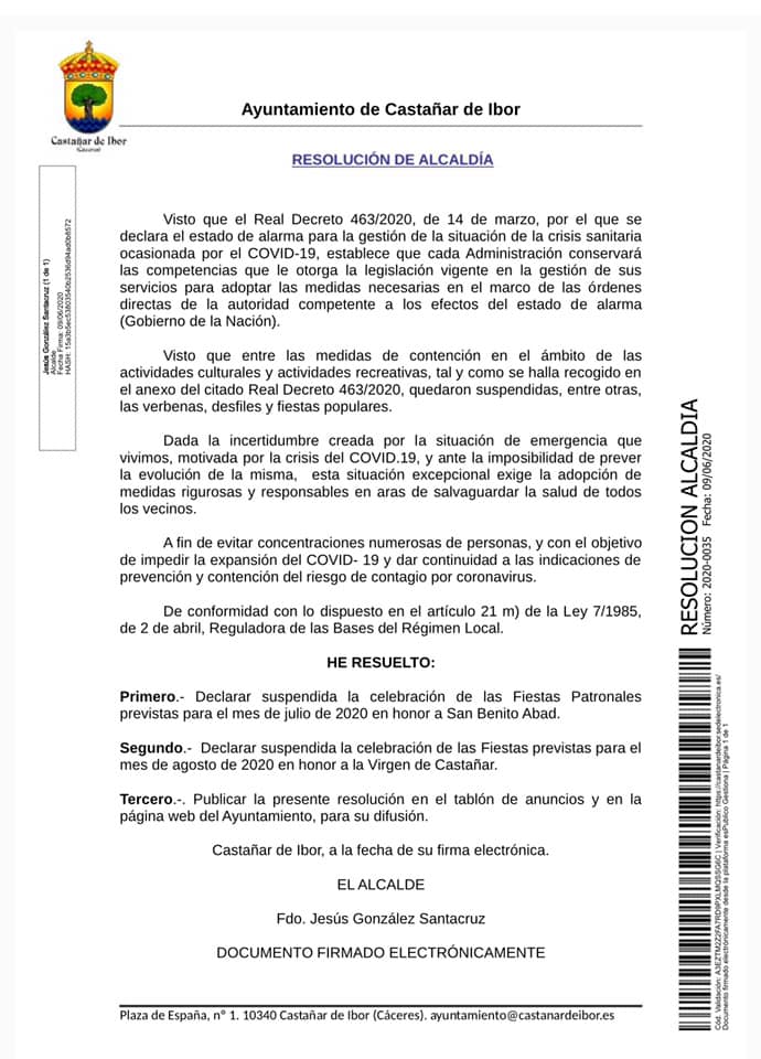 Suspensión de fiestas de julio y agosto 2020 - Castañar de Ibor (Cáceres)