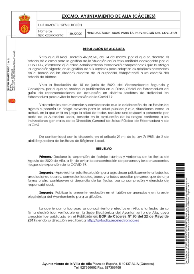Suspensión de los festejos taurinos 2020 - Alía (Cáceres)