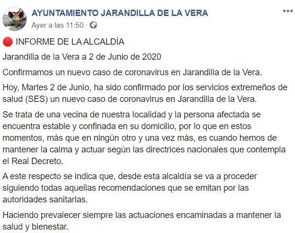 Tercer positivo por COVID-19 2020 - Jarandilla de la Vera (Cáceres)