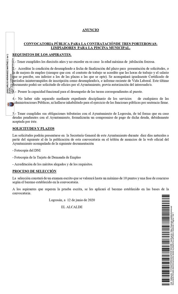 Tres porteros-as-limpiadores para la piscina 2020 - Logrosán (Cáceres)