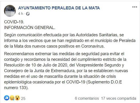 2 nuevos casos positivos por COVID-19 julio 2020 - Peraleda de la Mata (Cáceres)