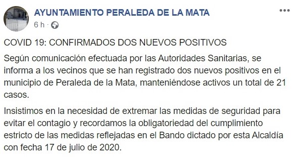 21 casos activos positivos por COVID-19 julio 2020 - Peraleda de la Mata (Cáceres)