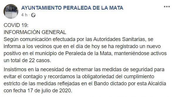 22 positivos activos por COVID-19  julio 2020 - Peraleda de la Mata (Cáceres)