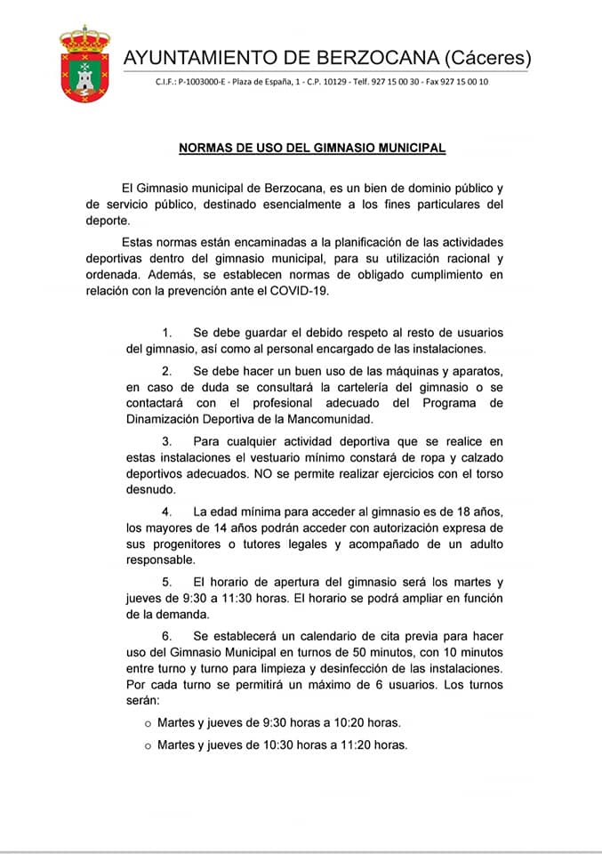 Apertura y normas de uso del gimnasio municipal 2020 - Berzocana (Cáceres) 2