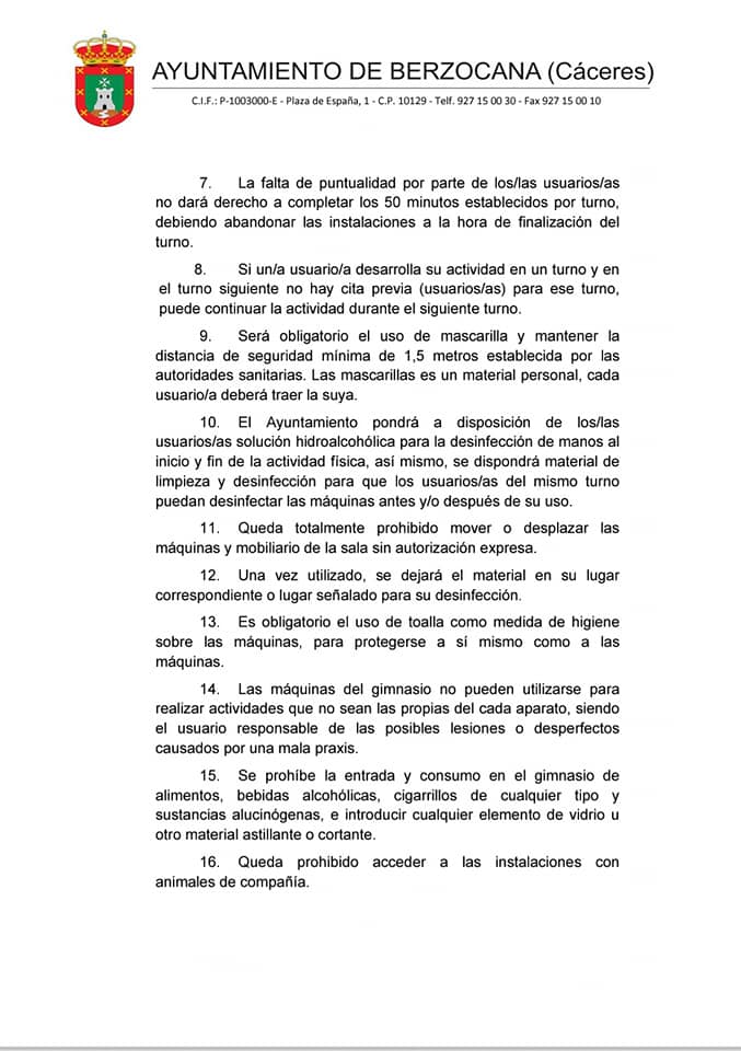 Apertura y normas de uso del gimnasio municipal 2020 - Berzocana (Cáceres) 3