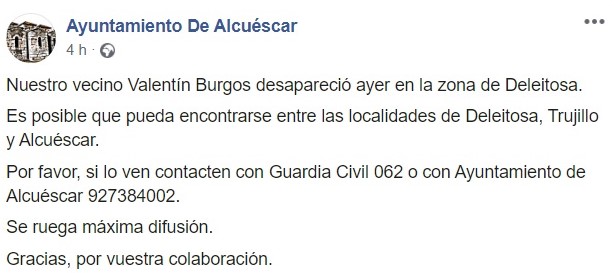 Desaparece Valentín Burgos Gil 2020 - Alcuéscar (Cáceres), Deleitosa (Cáceres) 1