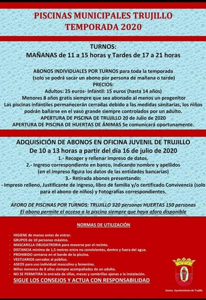 Información sobre las piscinas 2020 - Trujillo (Cáceres)