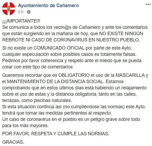 No existe rebrote por coronavirus julio 2020 - Cañamero (Cáceres)