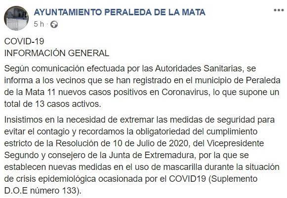 Once nuevos casos positivos por COVID-19 julio 2020 - Peraleda de la Mata (Cáceres)