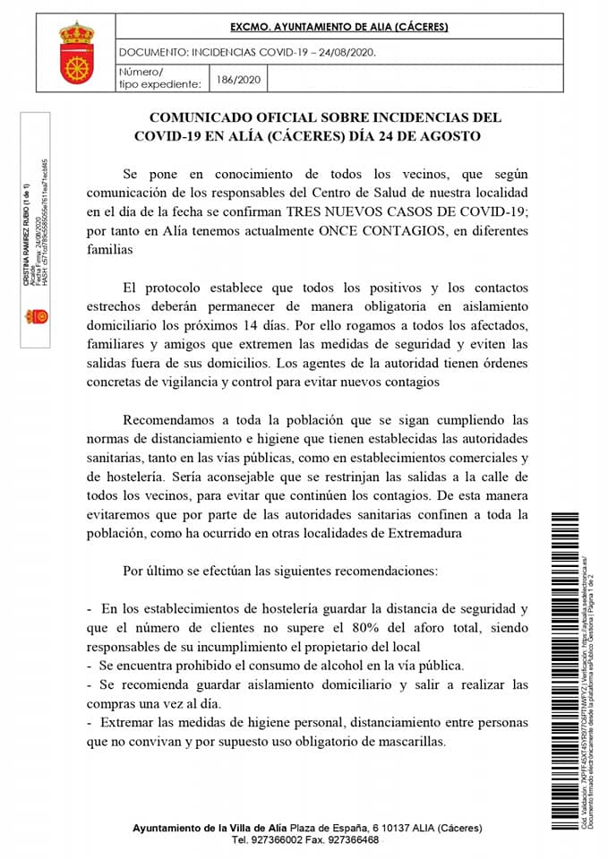 11 positivos activos de COVID-19 (agosto 2020) - Alía (Cáceres)