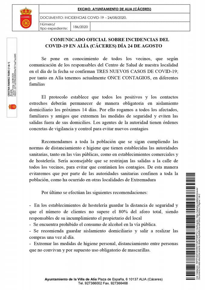11 positivos activos de COVID-19 (agosto 2020) - Alía (Cáceres)