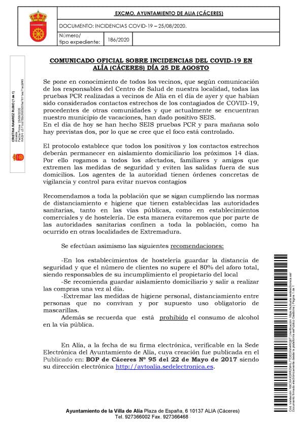 17 casos positivos de COVID-19 (agosto 2020) - Alía (Cáceres)